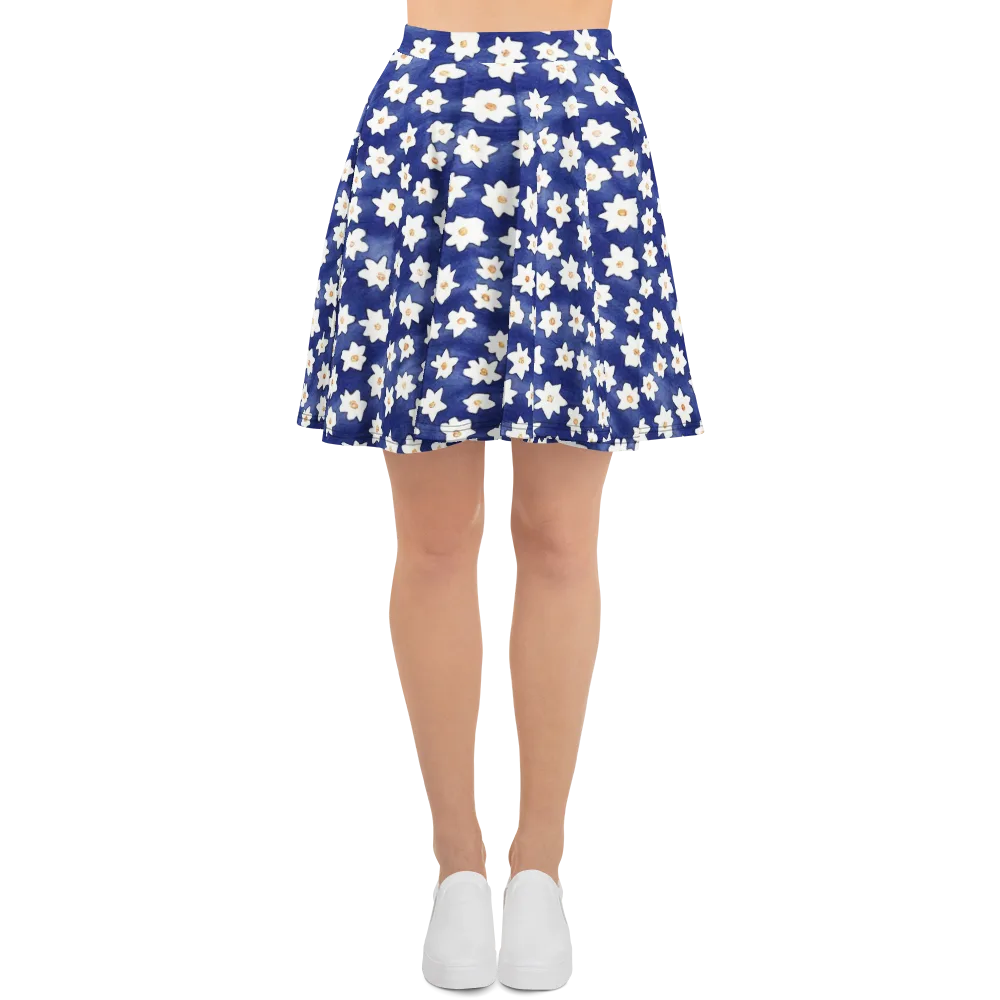 Indigo Blossom Drift on Skater Skirt — Front