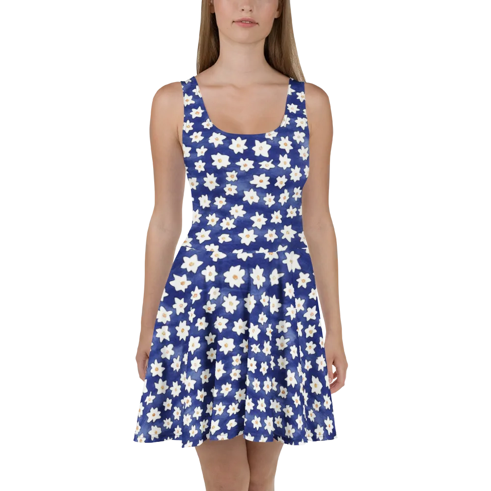 Indigo Blossom Drift on Skater Dress — Front