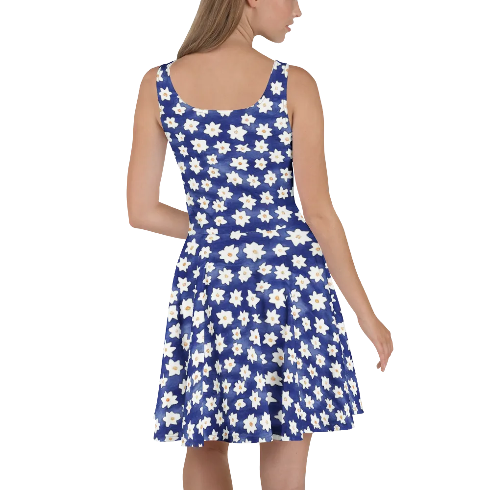 Indigo Blossom Drift on Skater Dress — Back