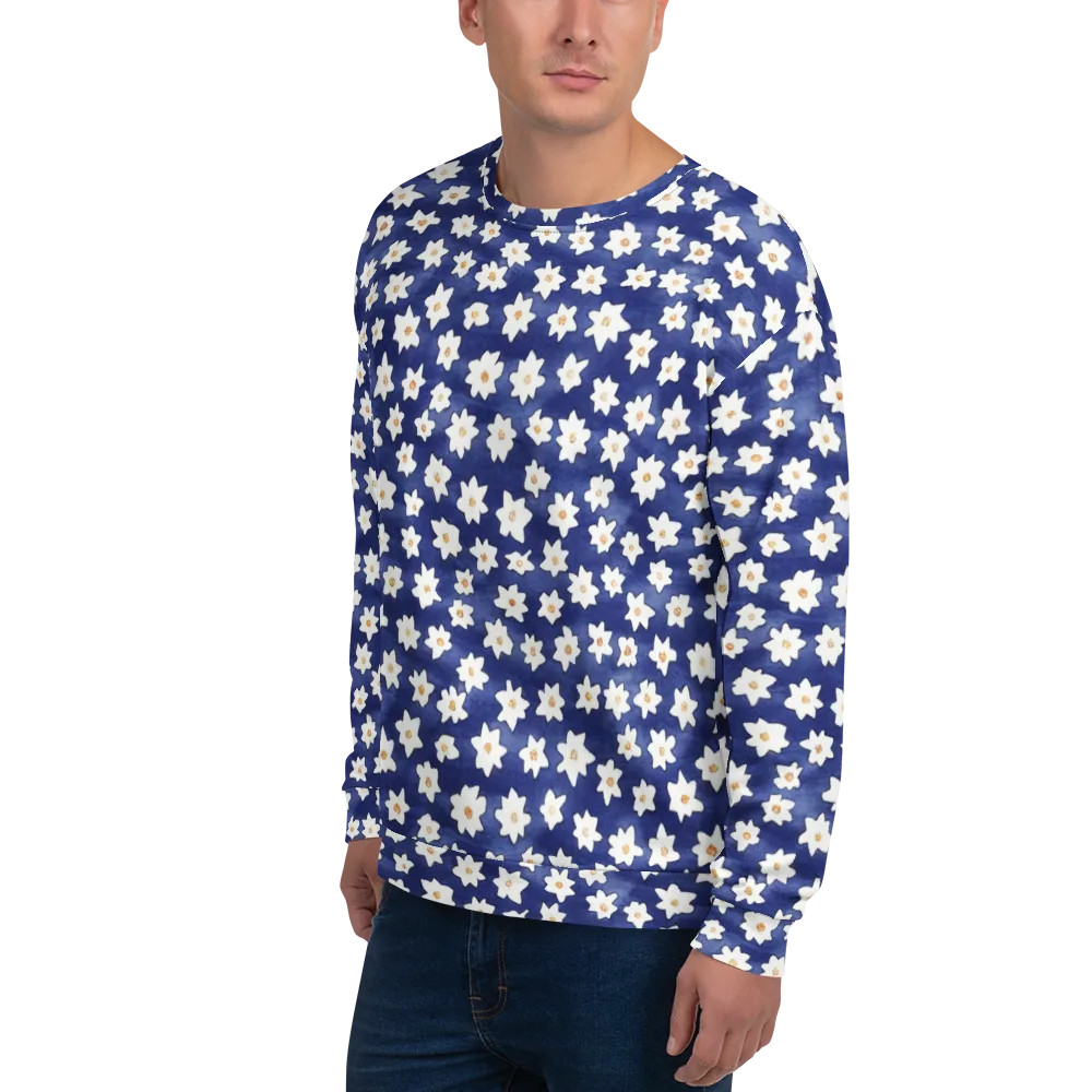 Indigo Blossom Drift on Sweatshirt — Left Front