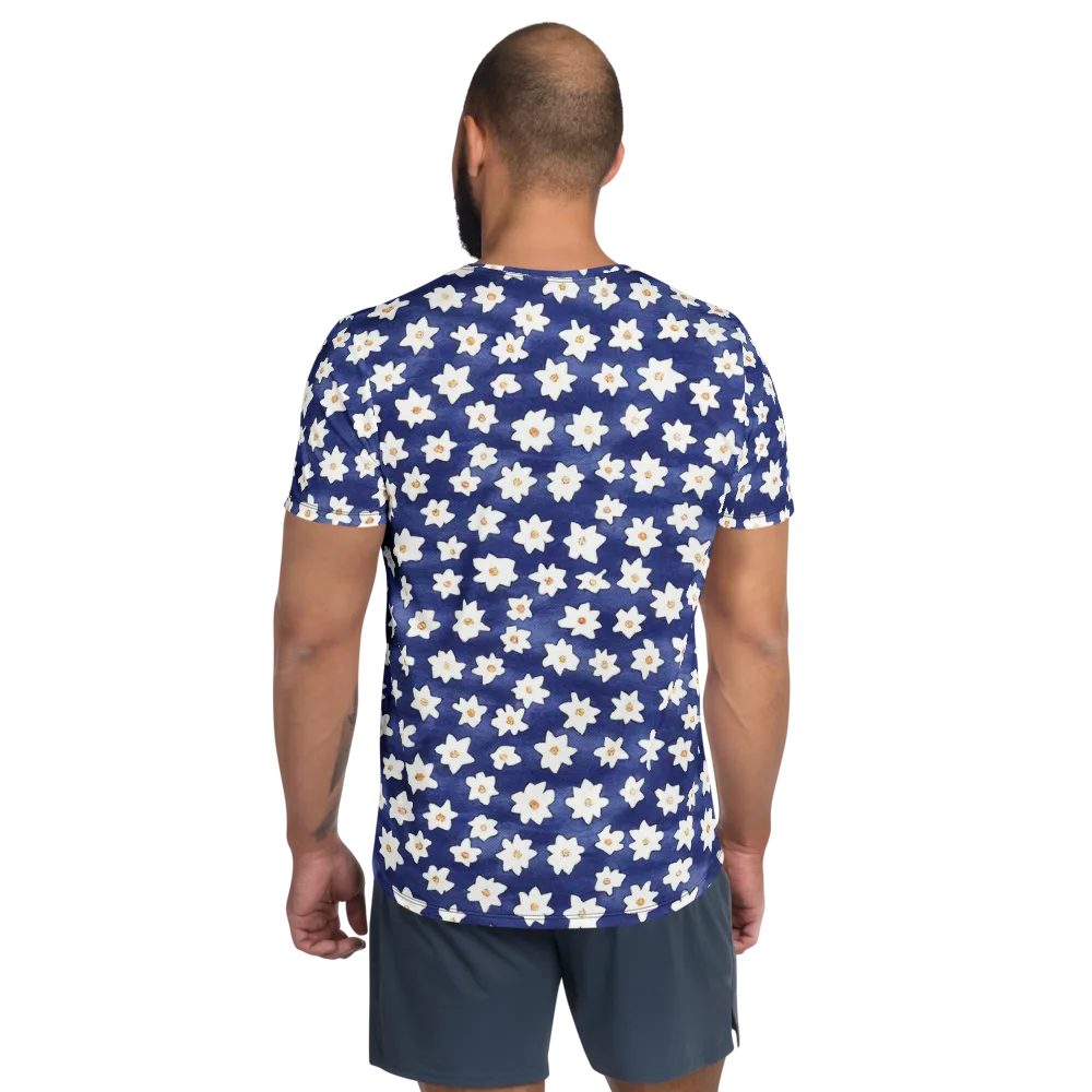 Indigo Blossom Drift on Men's Athletic T-Shirt — Back