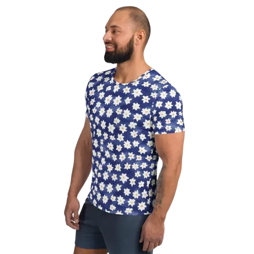 Indigo Blossom Drift on a Men's Athletic T-Shirt