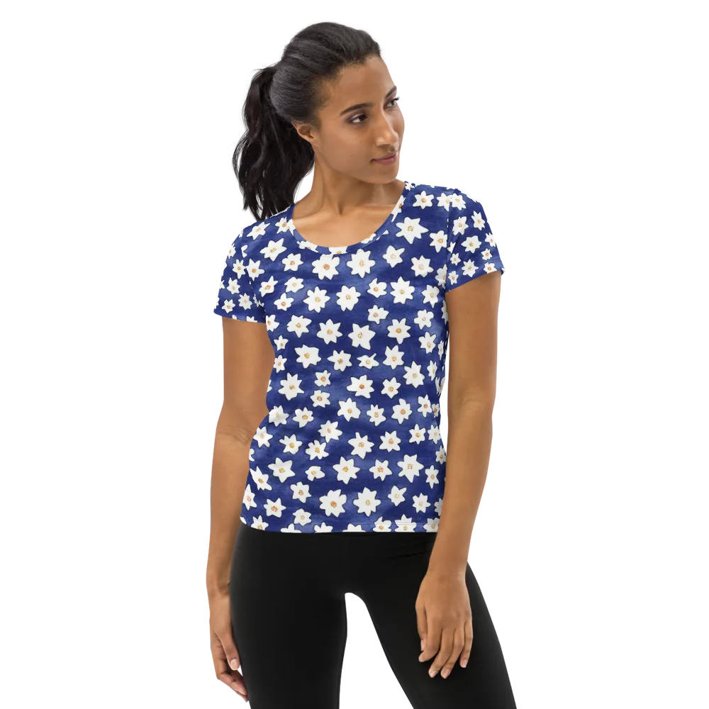 Indigo Blossom Drift on Women's Athletic T-Shirt — Front