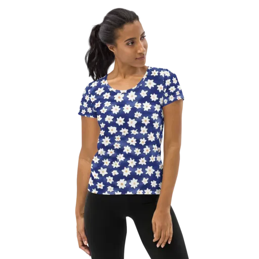 Indigo Blossom Drift on a Women's Athletic T-Shirt