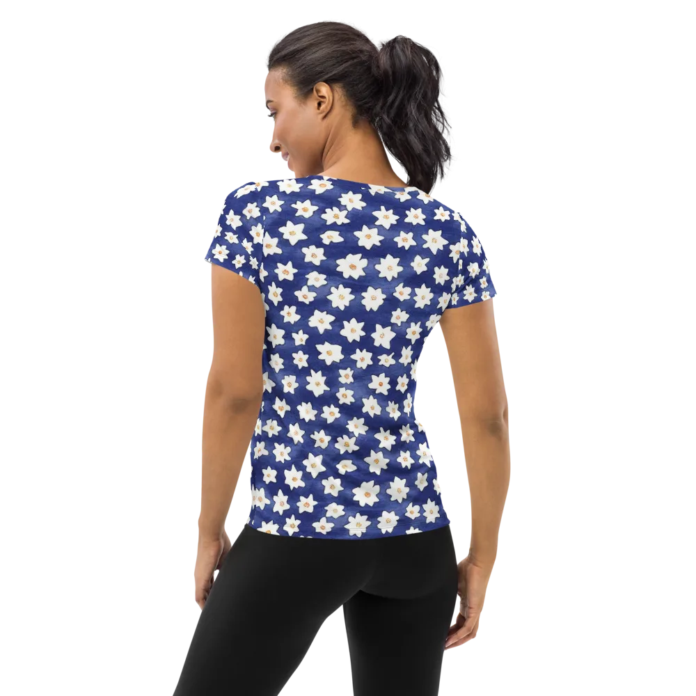 Indigo Blossom Drift on Women's Athletic T-Shirt — Back