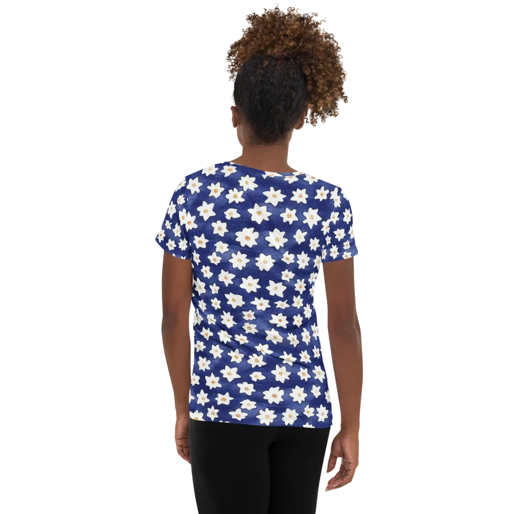 Indigo Blossom Drift on Women's Athletic T-Shirt — Back