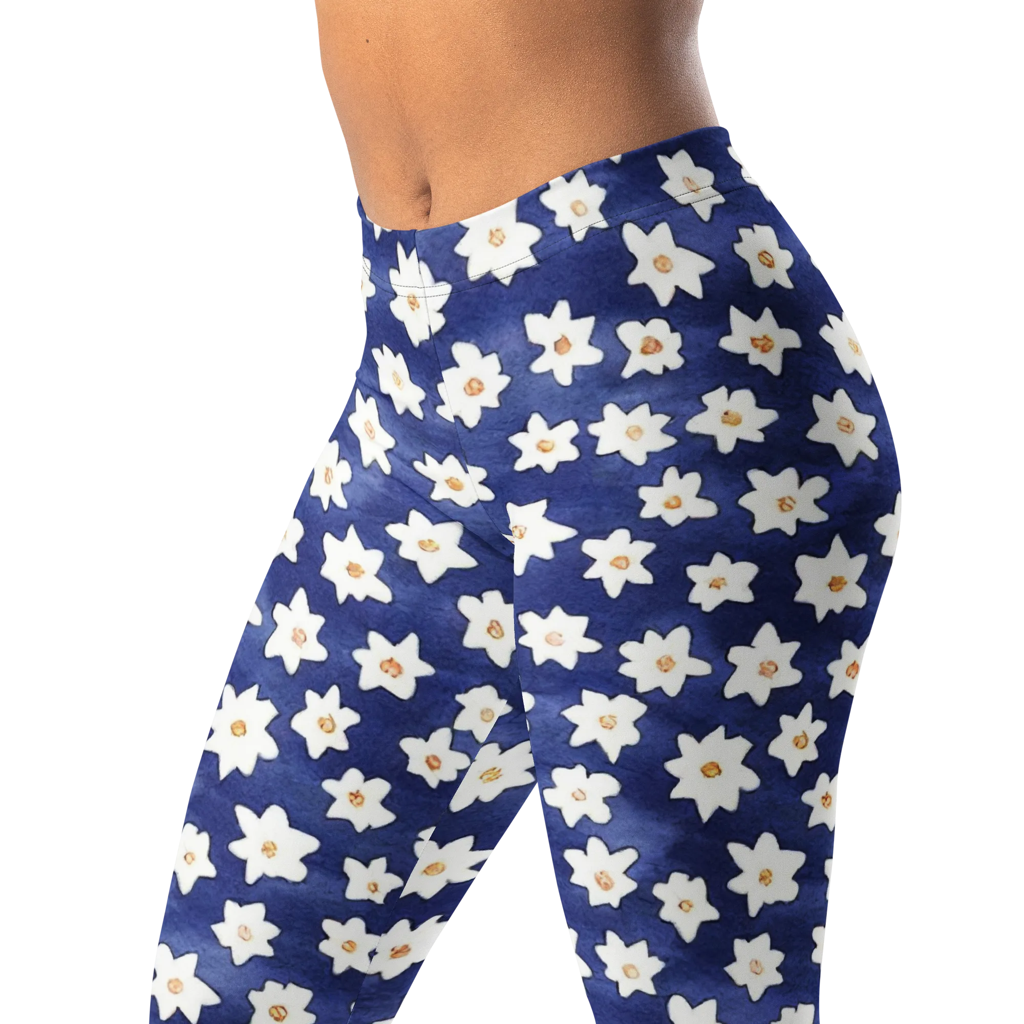 Indigo Blossom Drift on Leggings — Left Front