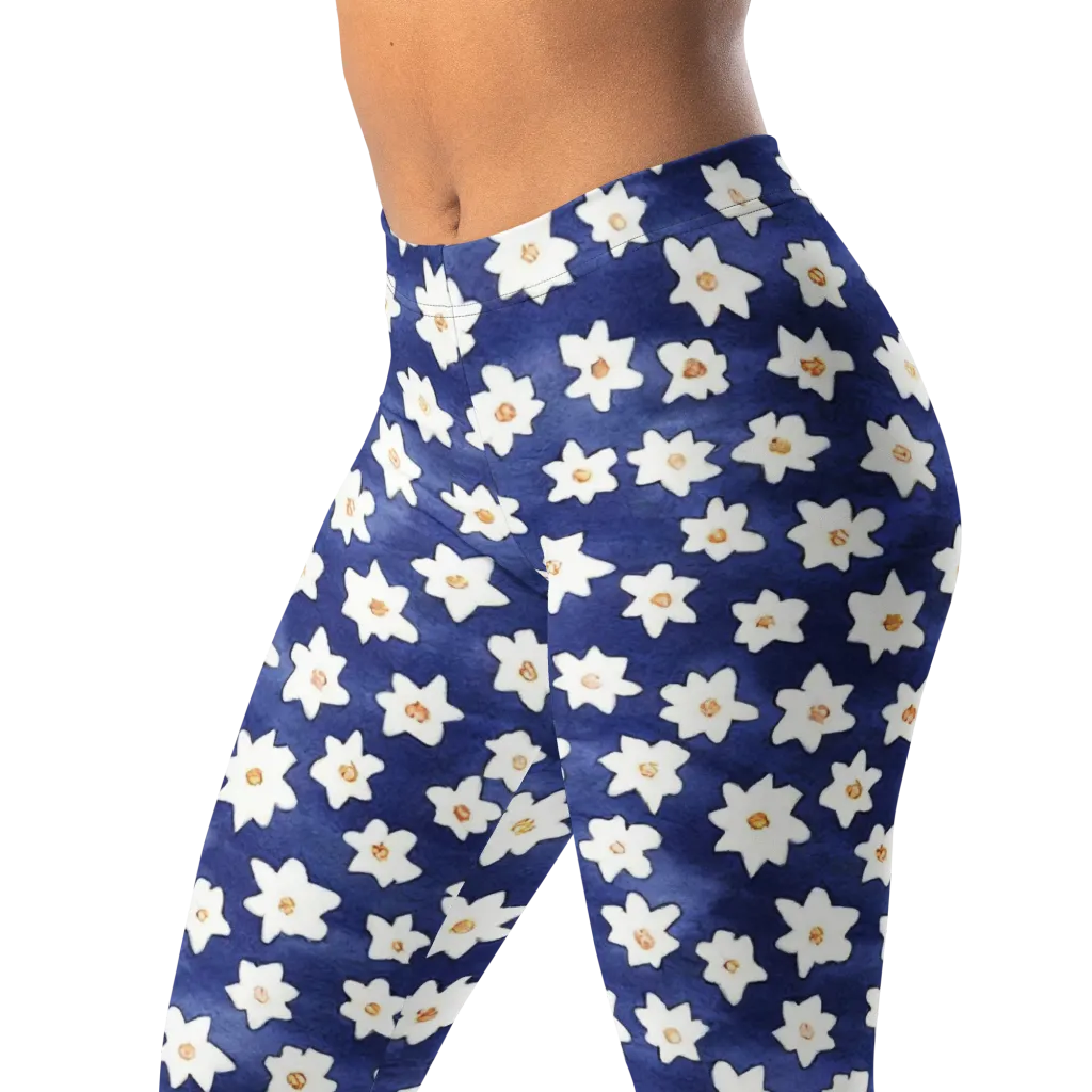 Indigo Blossom Drift on Leggings — Left Front
