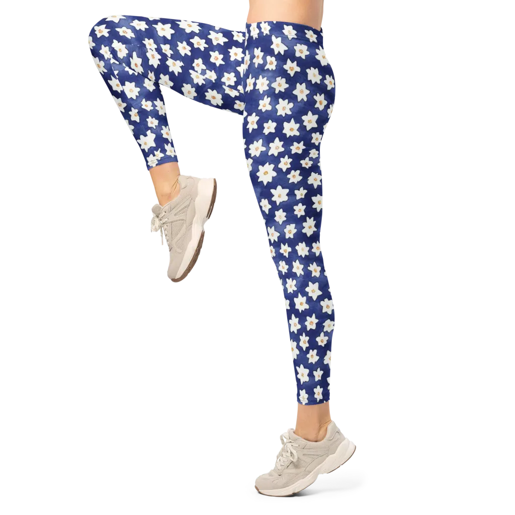 Indigo Blossom Drift on Leggings — Left