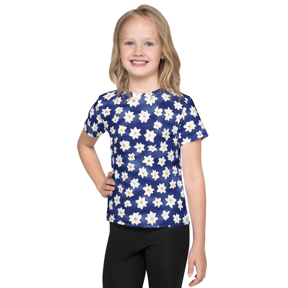 Indigo Blossom Drift on Kids Crew Neck T-Shirt — Front