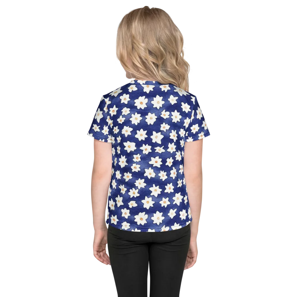 Indigo Blossom Drift on Kids Crew Neck T-Shirt — Back