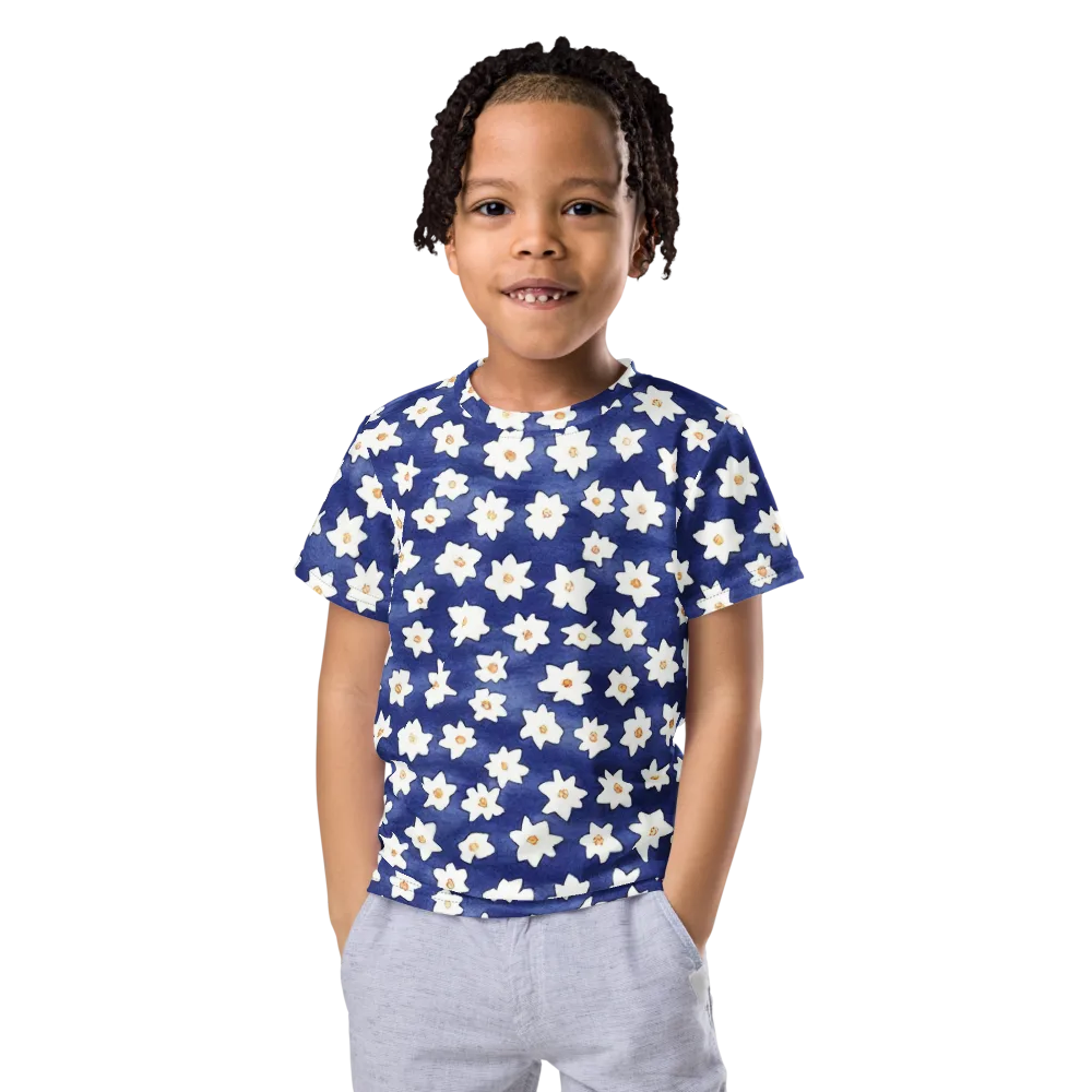 Indigo Blossom Drift on Kids Crew Neck T-Shirt — Front