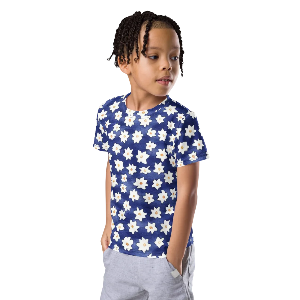 Indigo Blossom Drift on Kids Crew Neck T-Shirt — Left Front