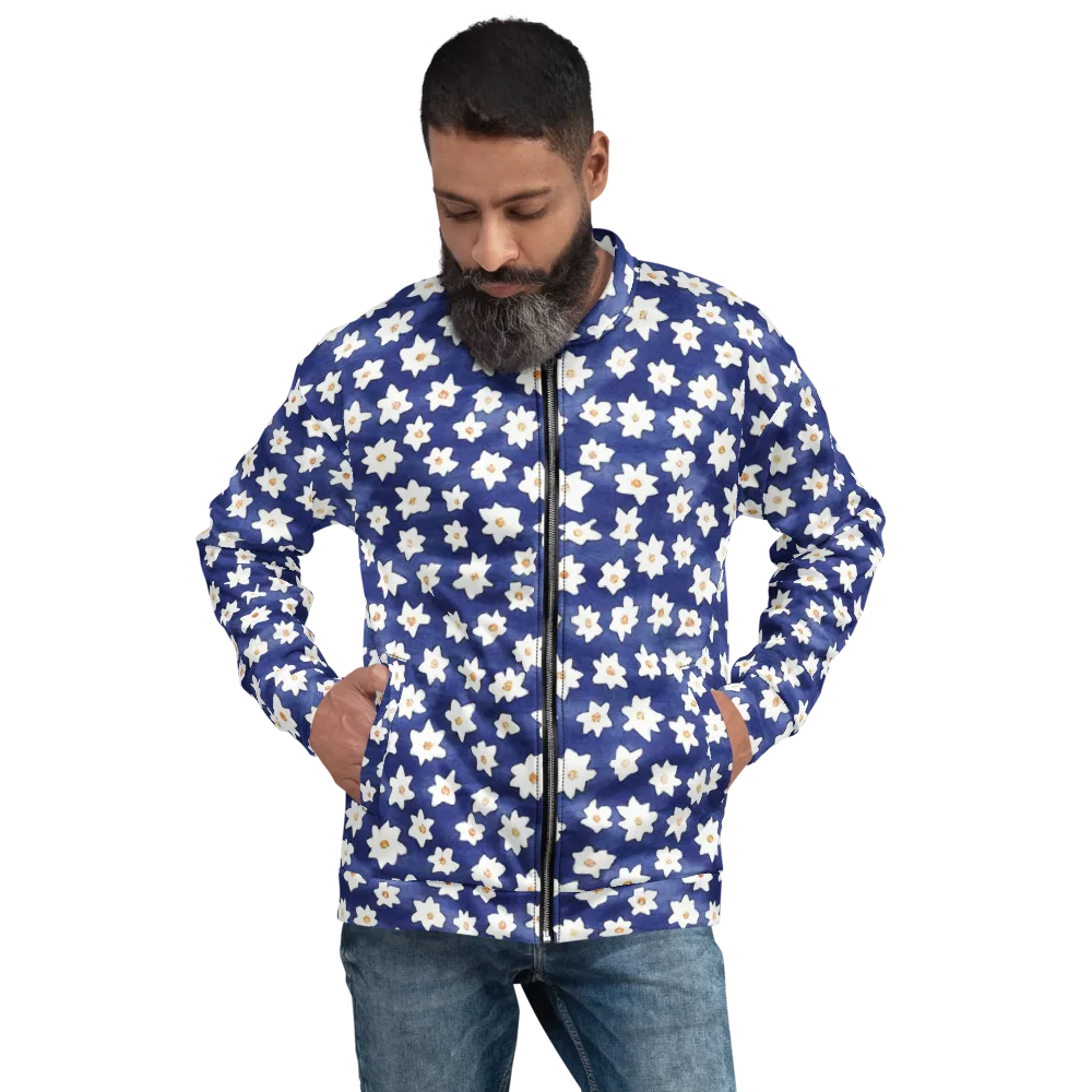 Indigo Blossom Drift on Bomber Jacket — Front