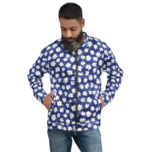 Indigo Blossom Drift on a Bomber Jacket