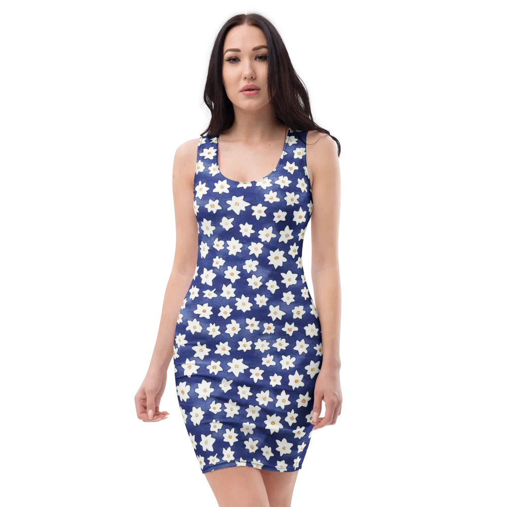 Indigo Blossom Drift on Bodycon Dress — Front