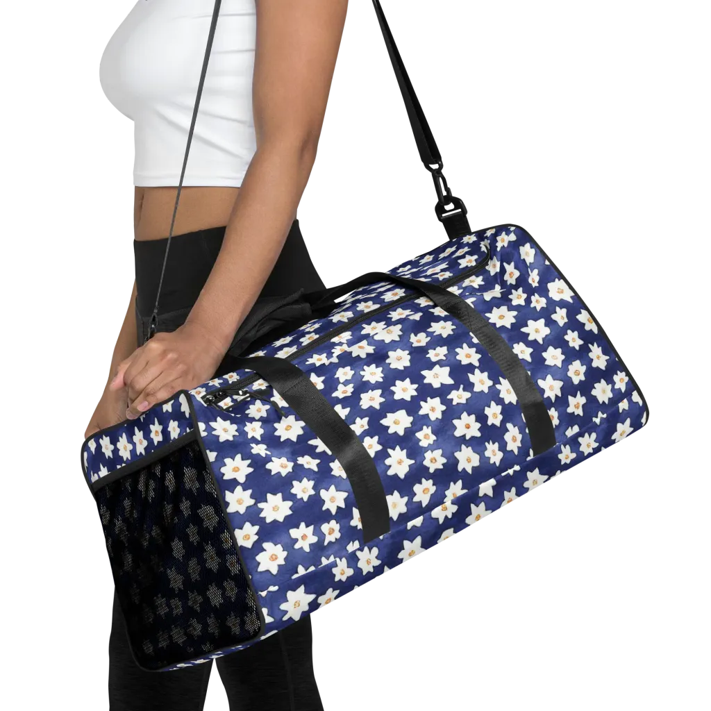 Indigo Blossom Drift on Duffle Bag — Front