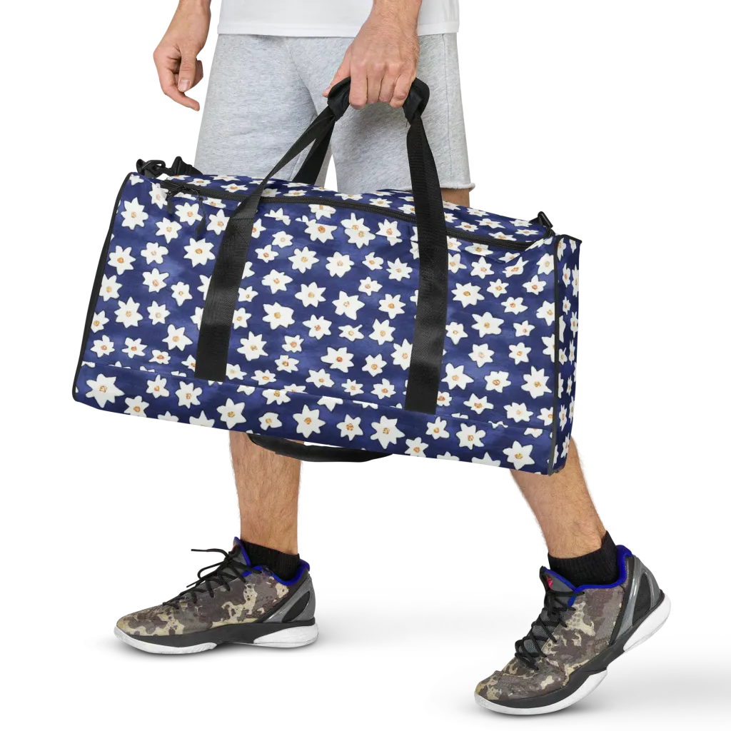 Indigo Blossom Drift on Duffle Bag — Front