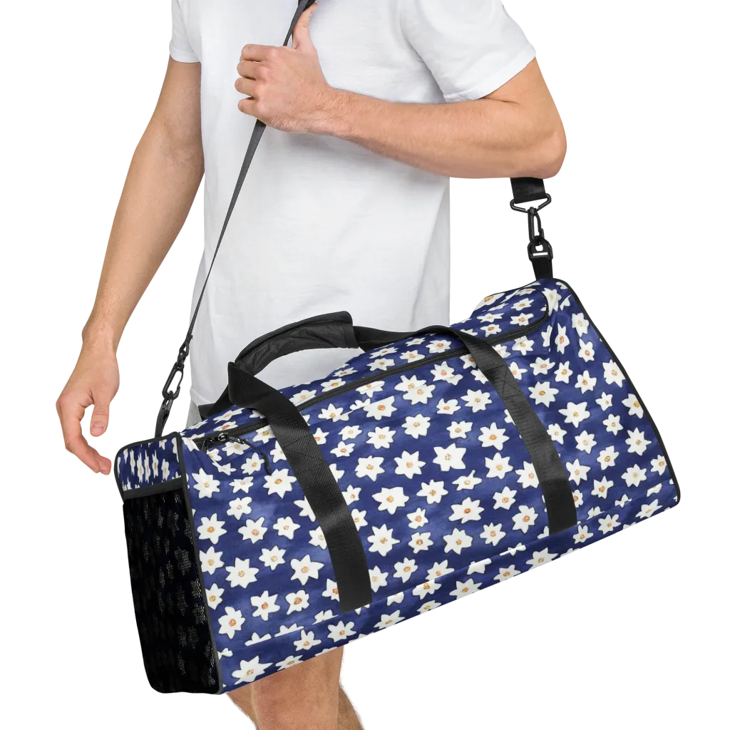 Indigo Blossom Drift on Duffle Bag — Right Front