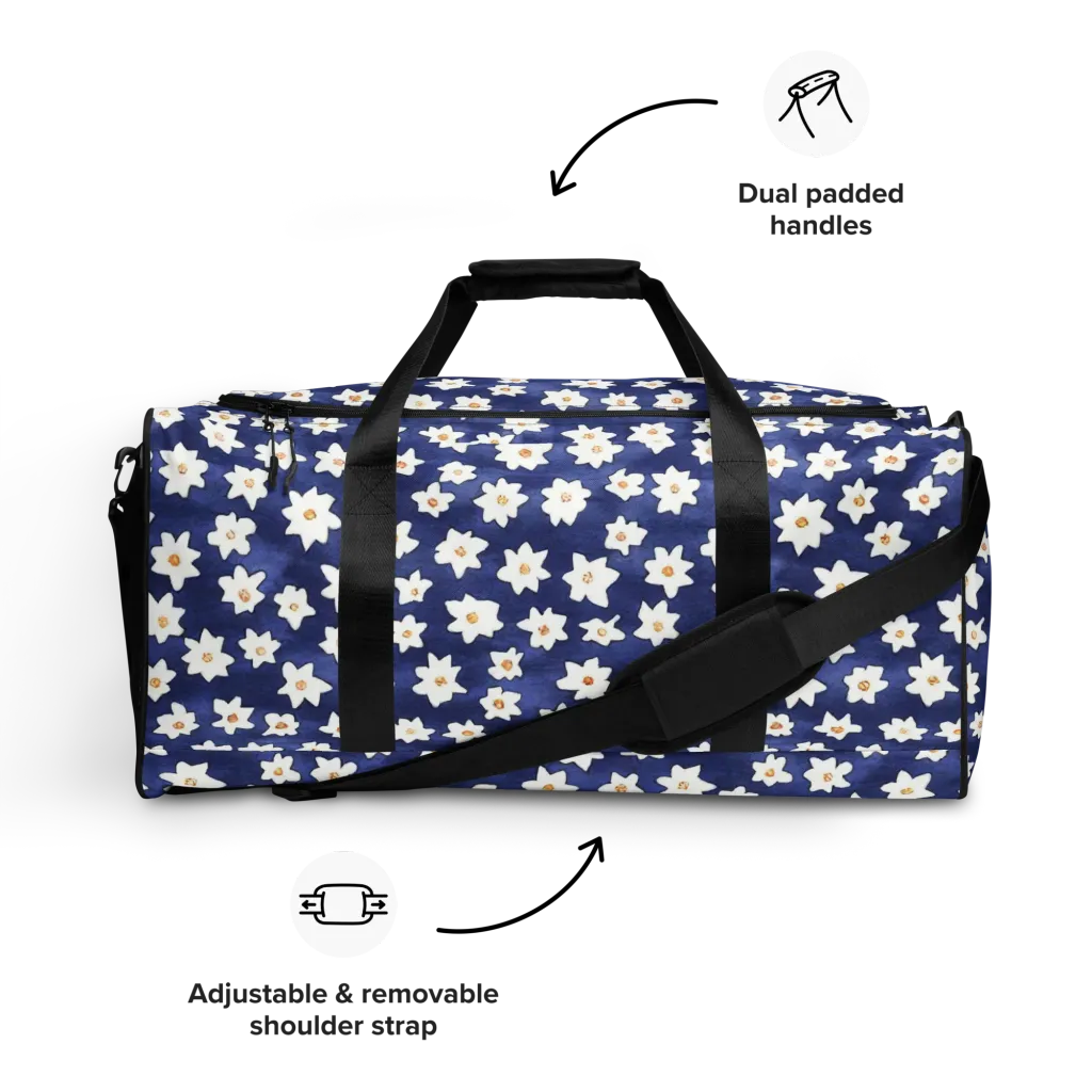 Indigo Blossom Drift on Duffle Bag — Front