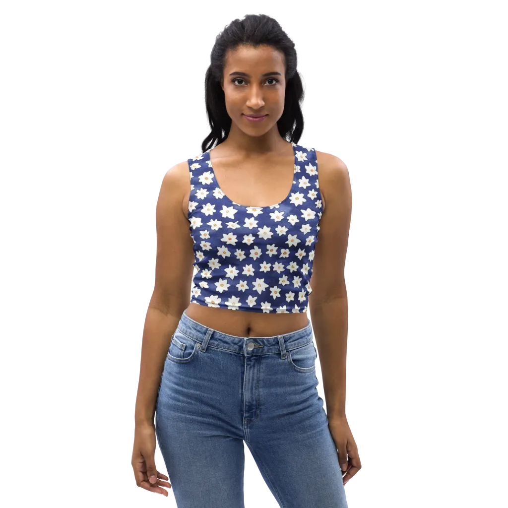 Indigo Blossom Drift on Crop Top — Front