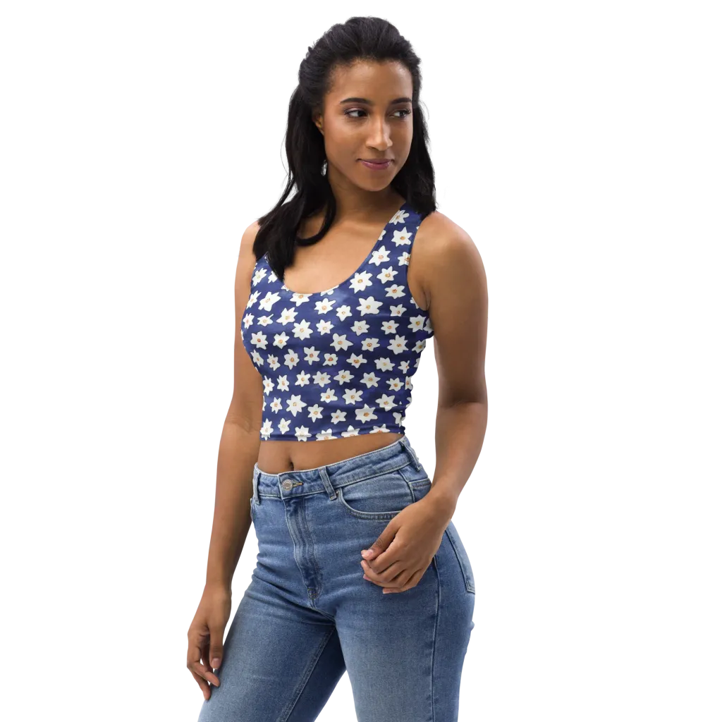 Indigo Blossom Drift on Crop Top — Left Front