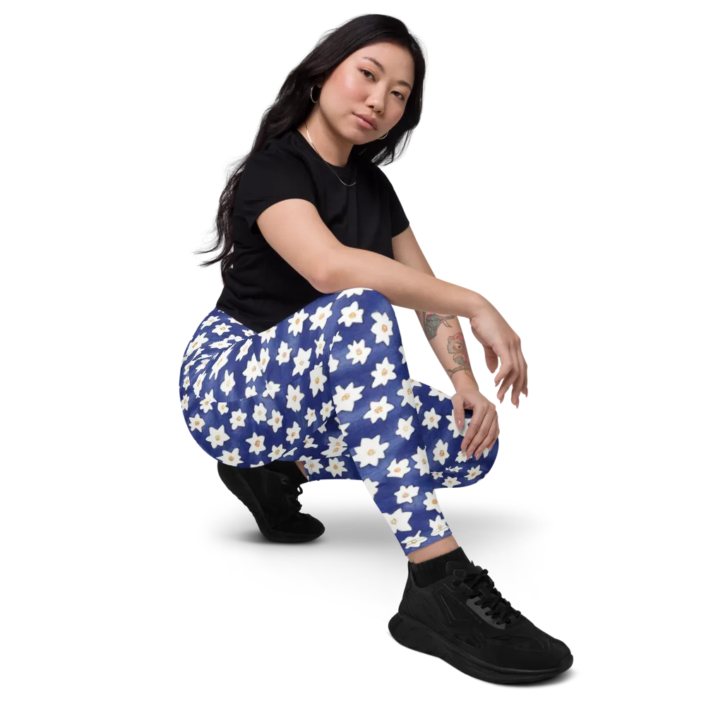 Indigo Blossom Drift on Leggings with Pockets — Right Front