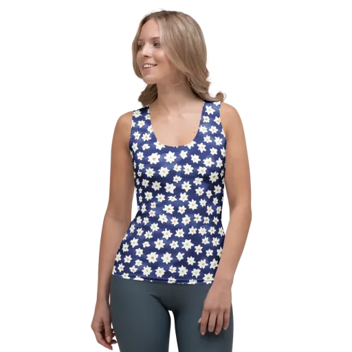 Indigo Blossom Drift on a Women's Tank Top
