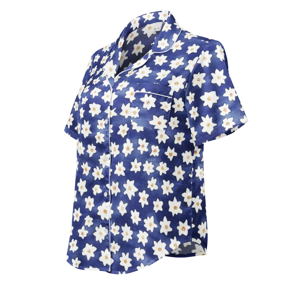 Indigo Blossom Drift on Women's Short Sleeve Pajama Top — Left Front