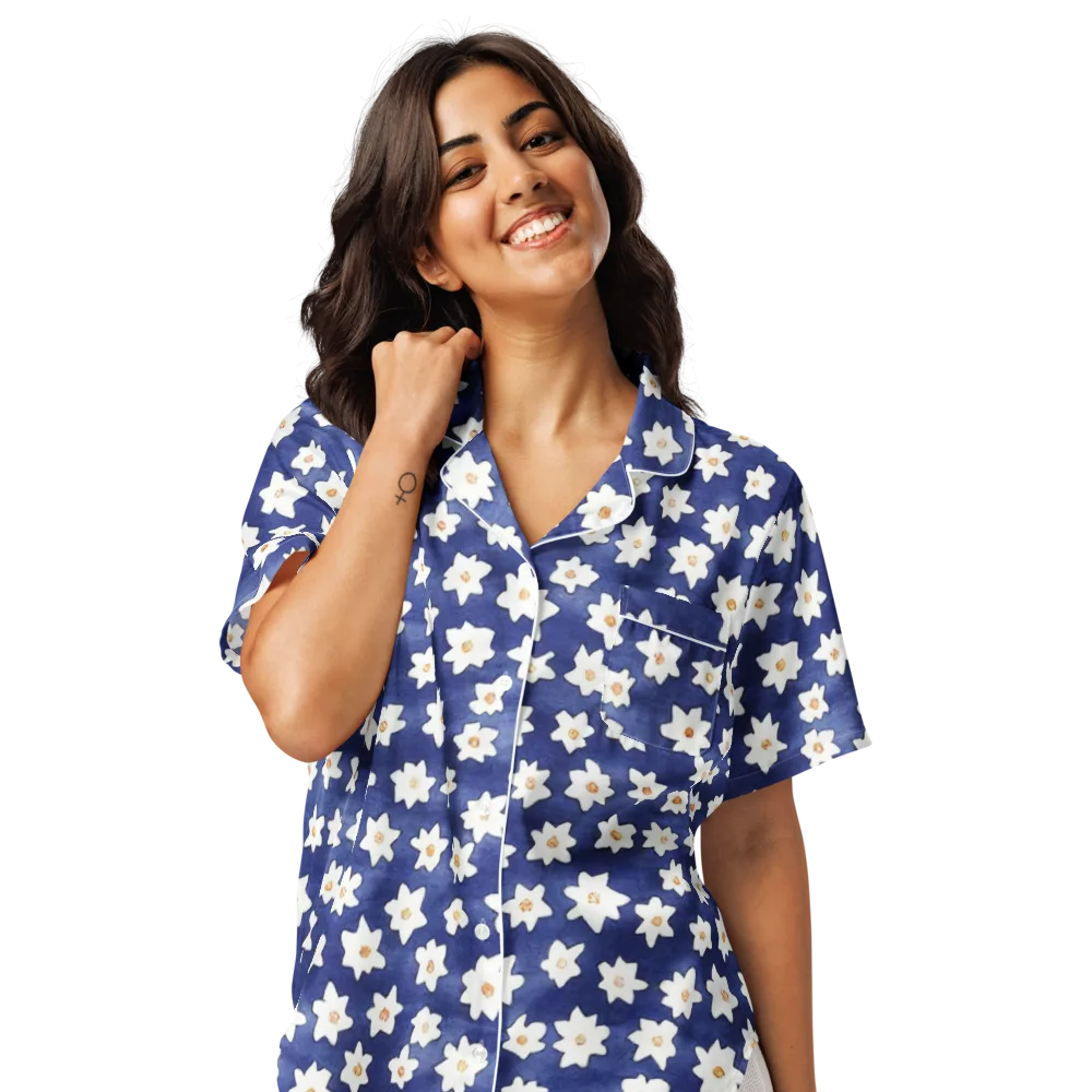 Indigo Blossom Drift on Women's Short Sleeve Pajama Top — Front