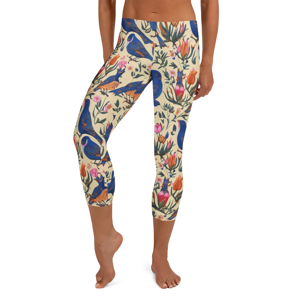 Cobalt Songbirds on Capri Leggings — Front