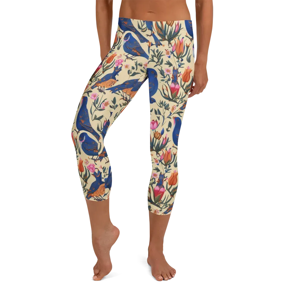 Cobalt Songbirds on Capri Leggings — Front
