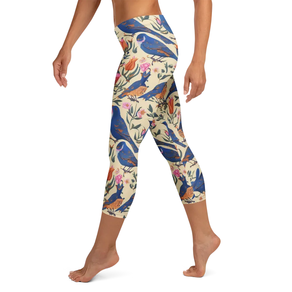 Cobalt Songbirds on Capri Leggings — Left