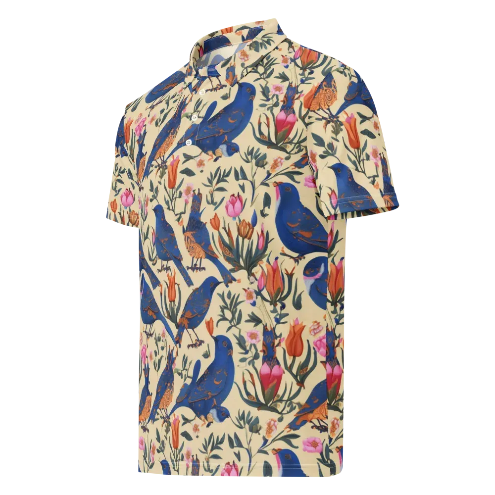 Cobalt Songbirds on Men's Slim Fit Polo Shirt — Left Front