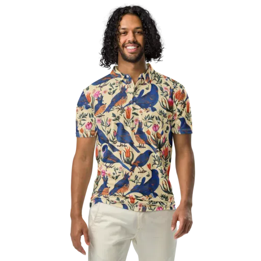 Cobalt Songbirds on a Men's Slim Fit Polo Shirt