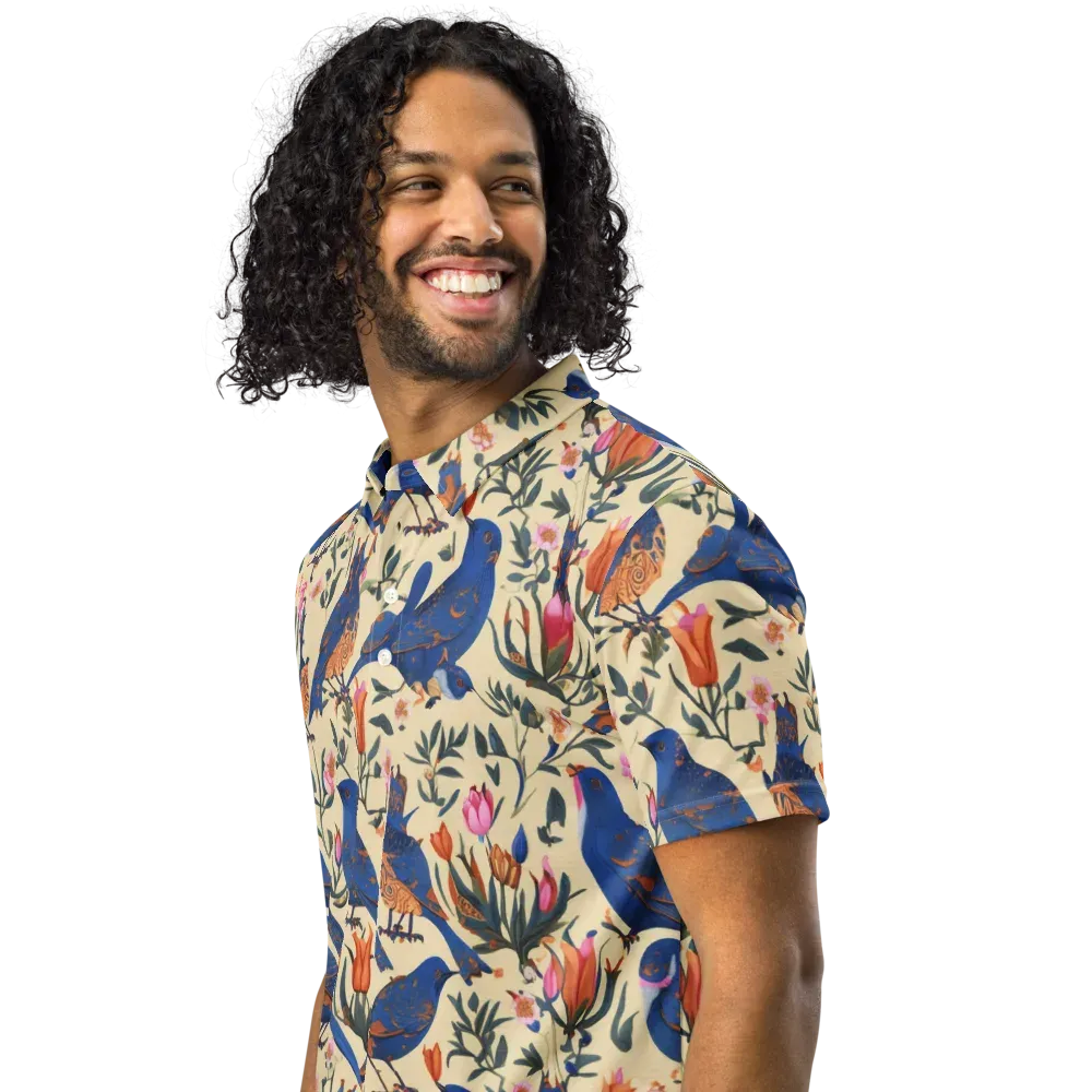 Cobalt Songbirds on Men's Slim Fit Polo Shirt — Left Front