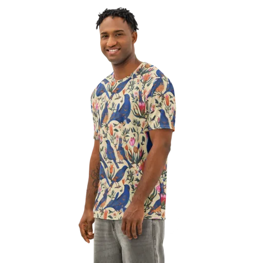 Cobalt Songbirds on a Men's Cotton Crew Neck T-Shirt