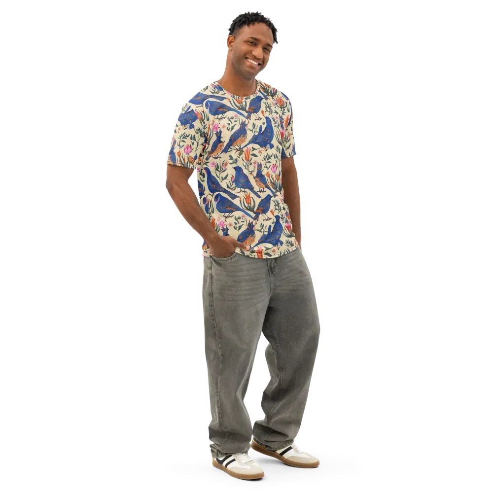 Cobalt Songbirds on Men's Cotton Crew Neck T-Shirt — Right Front