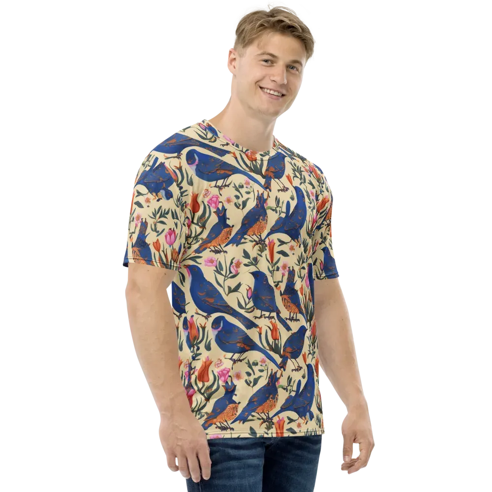 Cobalt Songbirds on Men's Crew Neck T-Shirt — Right