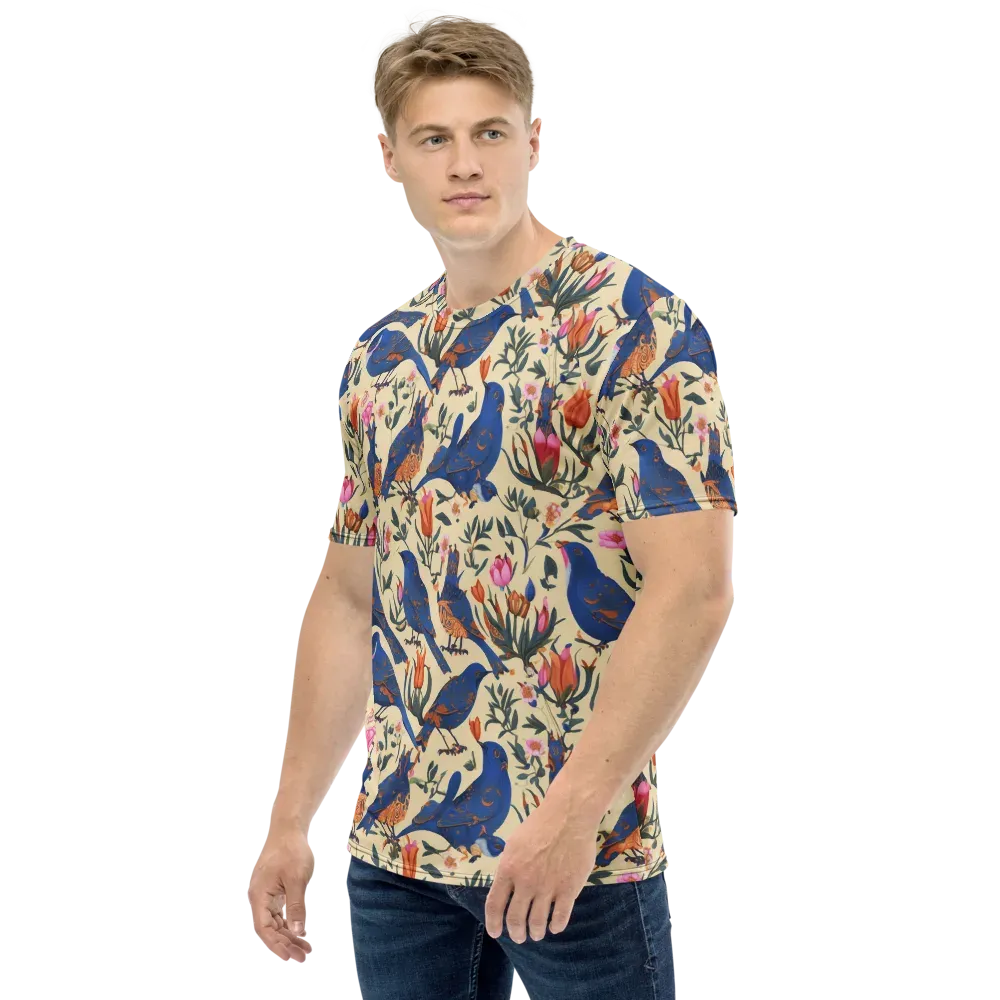 Cobalt Songbirds on Men's Crew Neck T-Shirt — Left
