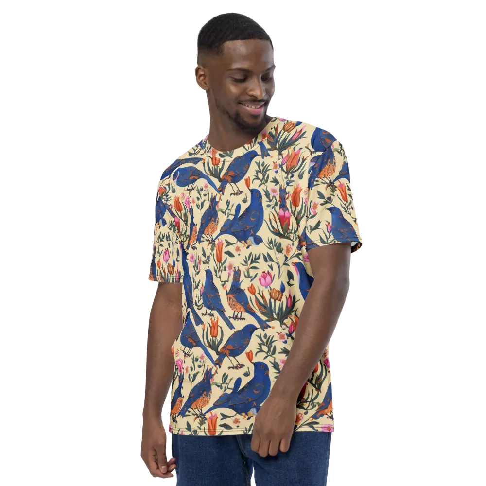 Cobalt Songbirds on Men's Crew Neck T-Shirt — Left