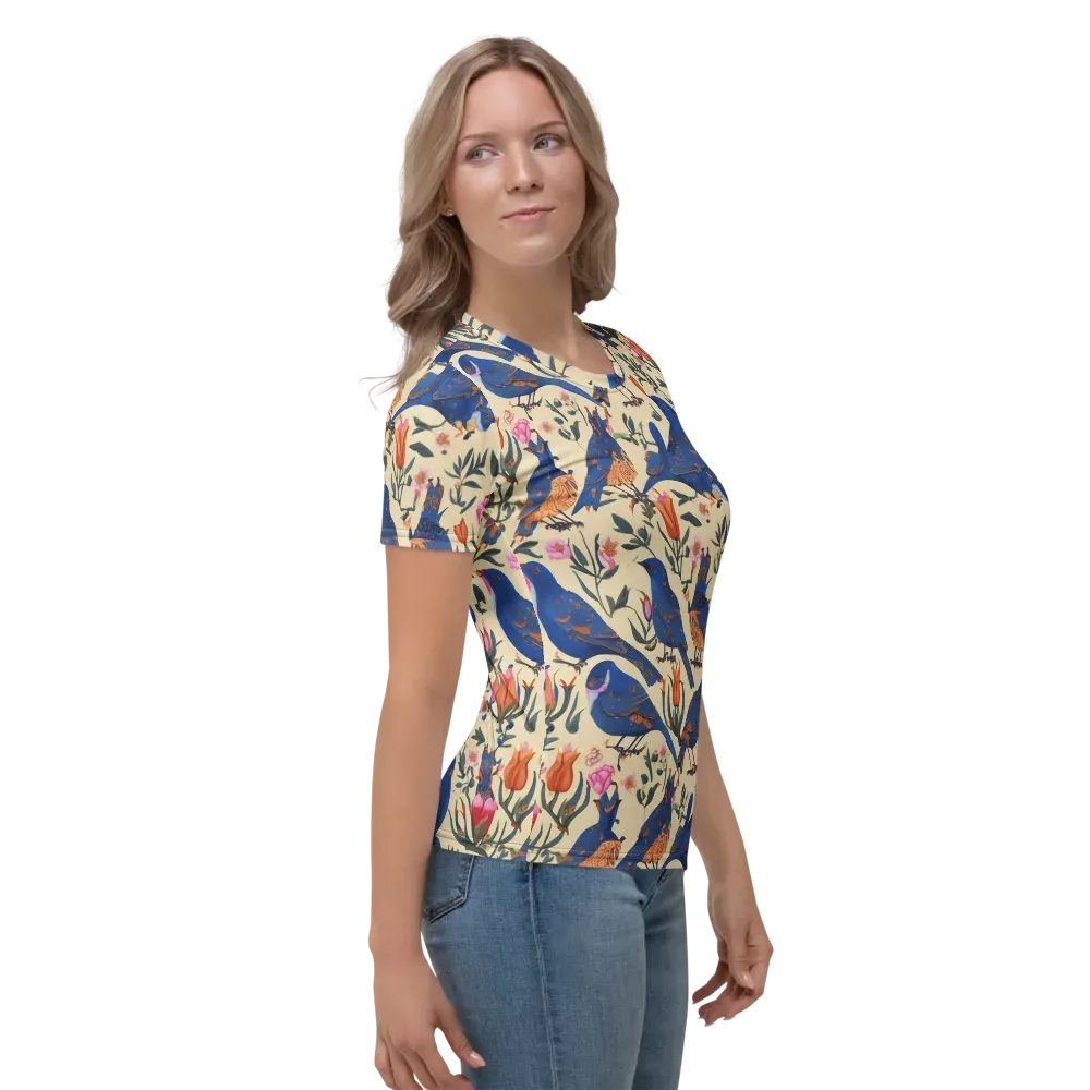 Cobalt Songbirds on Women's Crew Neck T-Shirt — Right