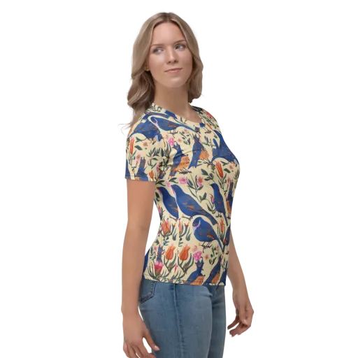 Cobalt Songbirds on a Women's Crew Neck T-Shirt
