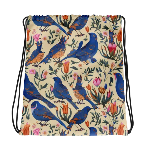 Cobalt Songbirds on a Drawstring Bag