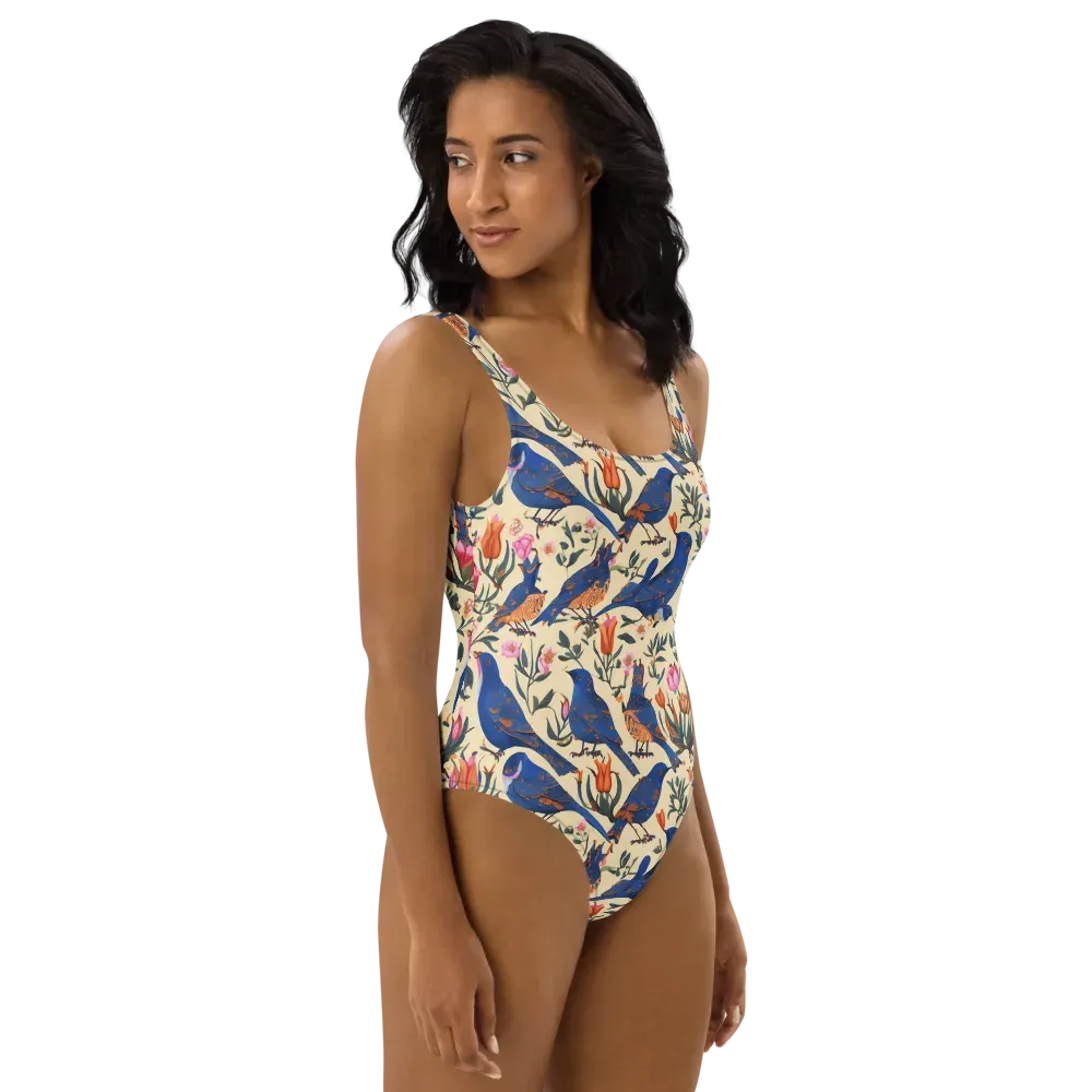 Cobalt Songbirds on One-Piece Swimsuit — Right
