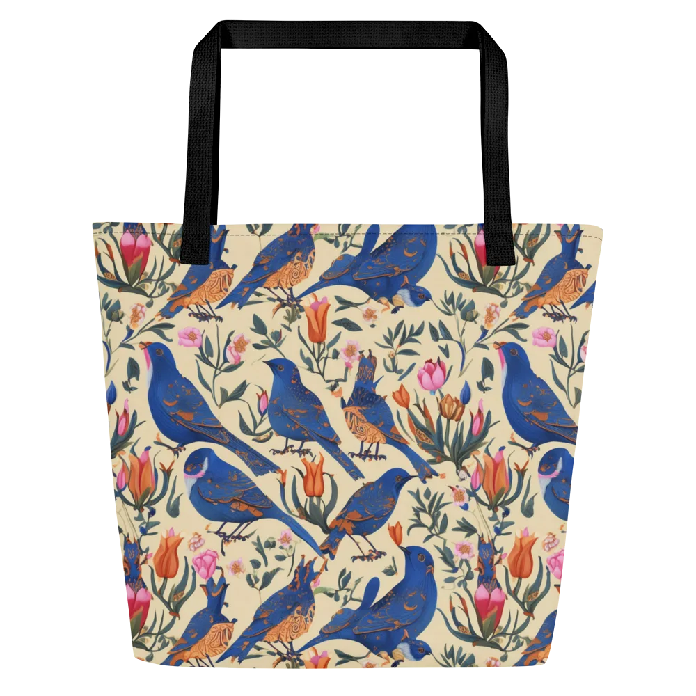 Cobalt Songbirds on Large Tote Bag W/ Pocket — Front