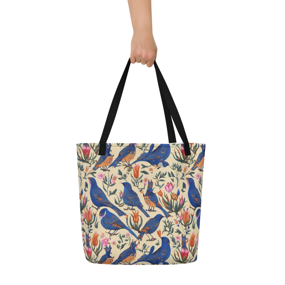 Cobalt Songbirds on Large Tote Bag W/ Pocket — Front