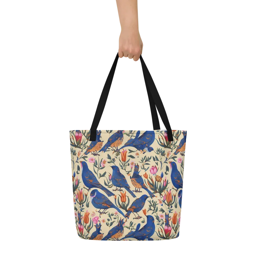 Cobalt Songbirds on Large Tote Bag W/ Pocket — Front