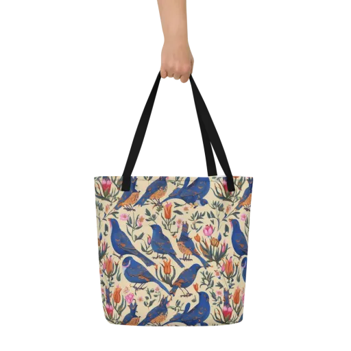 Cobalt Songbirds on a Large Tote Bag W/ Pocket
