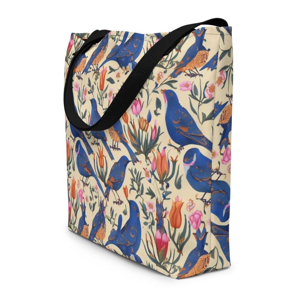 Cobalt Songbirds on Large Tote Bag W/ Pocket — Front